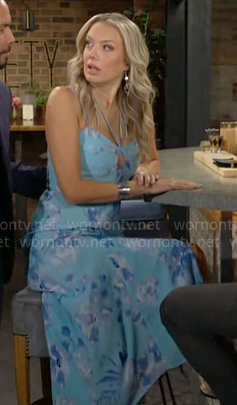 Abby's blue floral halter neck midi dress on The Young and the Restless