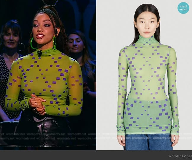 Acne Studios Diamond Face Logo Mesh Top worn by Corinne Foxx on Beat Shazam