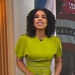 Adriana Diaz’s green ruched front midi dress on CBS Mornings