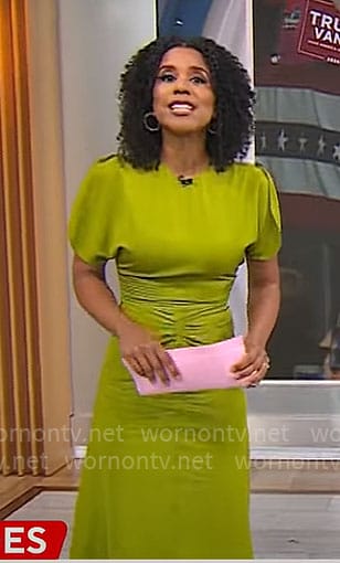 Adriana Diaz's green ruched front midi dress on CBS Mornings