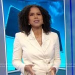 Adriana Diaz’s ivory print blazer and pants on CBS Evening News