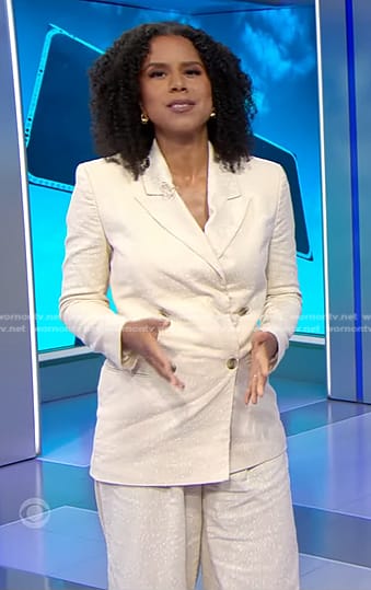 Adriana Diaz’s ivory print blazer and pants on CBS Evening News