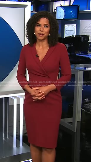 Adriana Diaz's burgundy surplice sheath dress on CBS Evening News