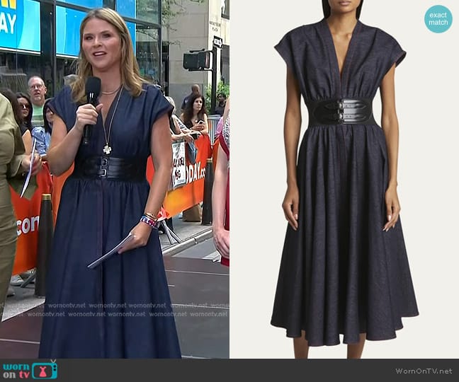 Alaia Belted Denim Midi Dress with Contrast Seams in blue worn by Jenna Bush Hager on Today