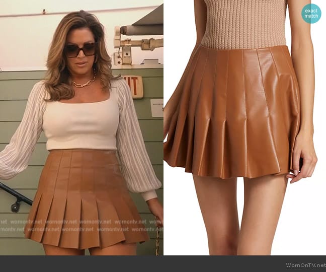 Alice + Olivia Carter Vegan Leather Pleated Miniskirt worn by Emily Simpson on The Real Housewives of Orange County