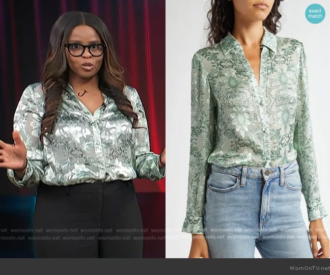 Alice + Olivia Eloise Silk-Blend Blouse worn by Jacqueline Coley on Access Hollywood