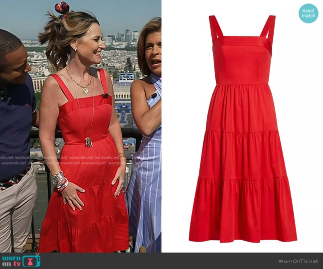 Alice + Olivia Saige Tiered Midi-Dress in Red Apple worn by Savannah Guthrie on Today