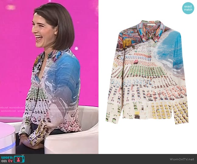 Alice + Olivia Willa Beach Print Silk Button-Up Shirt in Whispering Waves worn by Daryn Carp on Today