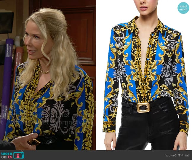 Alice + Olivia Willa Shirt in Regal Romance Sapphire worn by Brooke Logan (Katherine Kelly Lang) on The Bold and the Beautiful