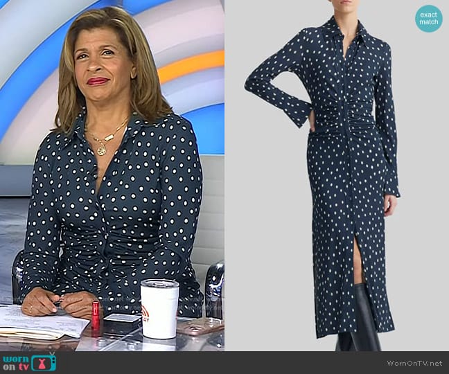 Altuzarra Claudia Polka-Dot Ruched Shirtdress in Nocturne Blue worn by Hoda Kotb on Today