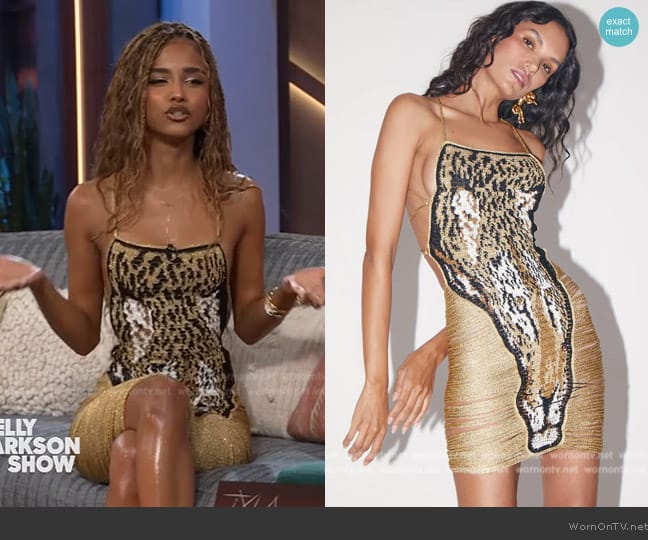 Tiger Dress in Gold by Andrea Almeida worn by Tyla on The Kelly Clarkson Show