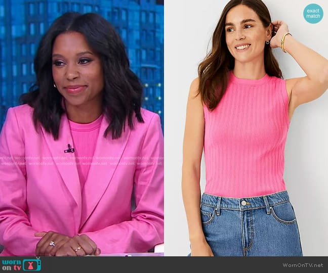 Ann Taylor Ribbed Sweater Shell in Valentine Pink worn by Rachel Scott on Good Morning America