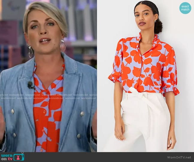 Ann Taylor Ruffle Button Top in Grenadine Punch worn by Jamie Yuccas on CBS Evening News