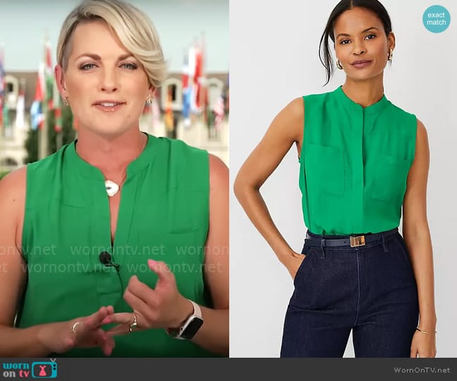 Ann Taylor Sleeveless Camp Shirt in Grass Green worn by Jamie Yuccas on CBS Mornings