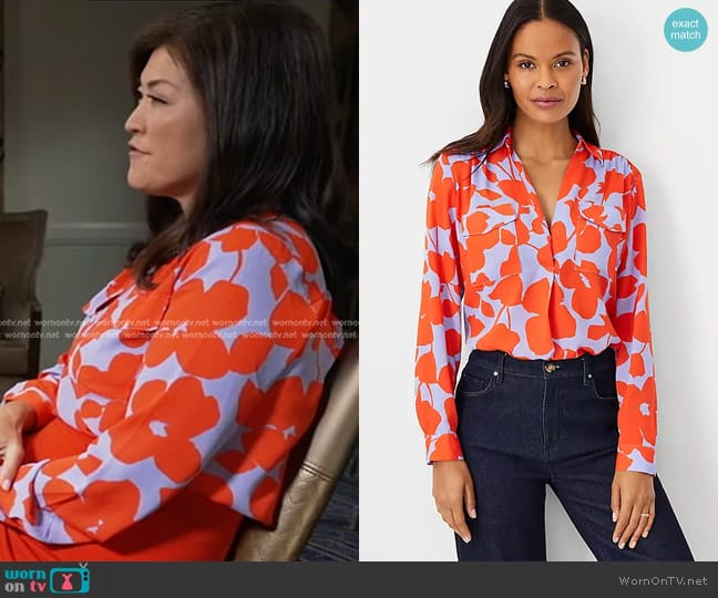 Ann Taylor Floral Camp Shirt in Grenadine Punch worn by Juju Chang on Good Morning America