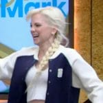 Anna Varsity’s white and navy jacket on Live with Kelly and Mark