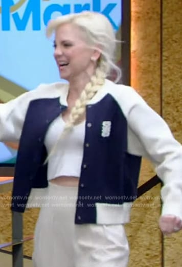 Anna Varsity’s white and navy jacket on Live with Kelly and Mark