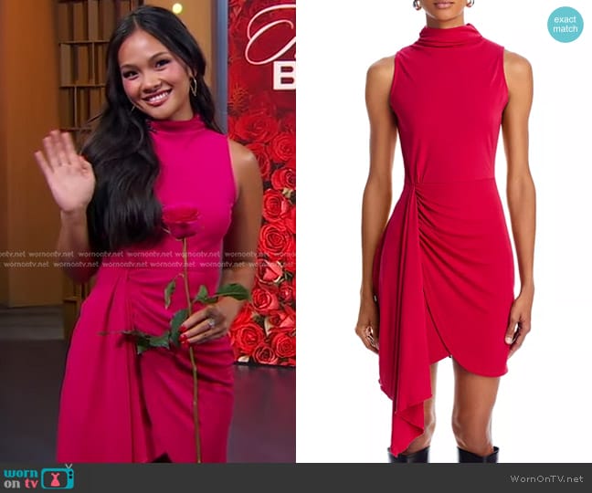 Aqua Sleeveless Jersey Mock Neck Dress in Raspberry worn by Jenn Tran on Good Morning America