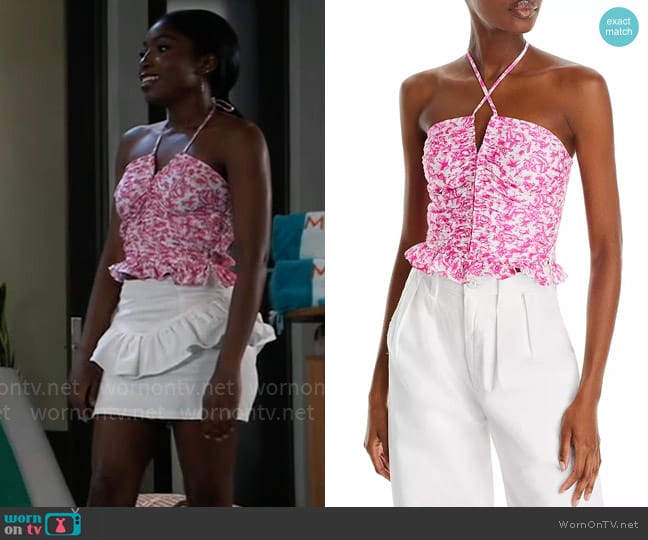 Aqua Floral Cinched Halter Neck Top worn by Trina Robinson (Tabyana Ali) on General Hospital