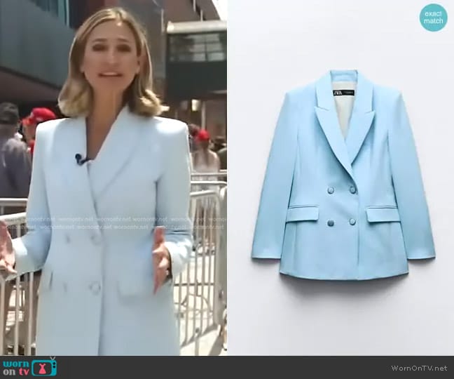 Zara Double Breasted Shoulder Pad Blazer worn by Caitlin Huey-Burns on CBS Evening News