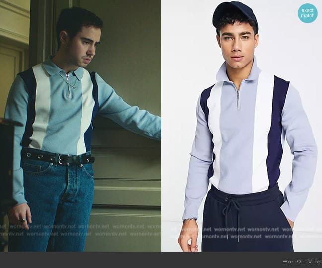 River Island Slim blocked polo in blue worn by Nico (Ander Puig) on Elite