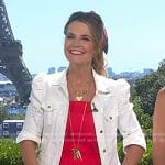 Savannah’s red dress and white denim jacket on Today