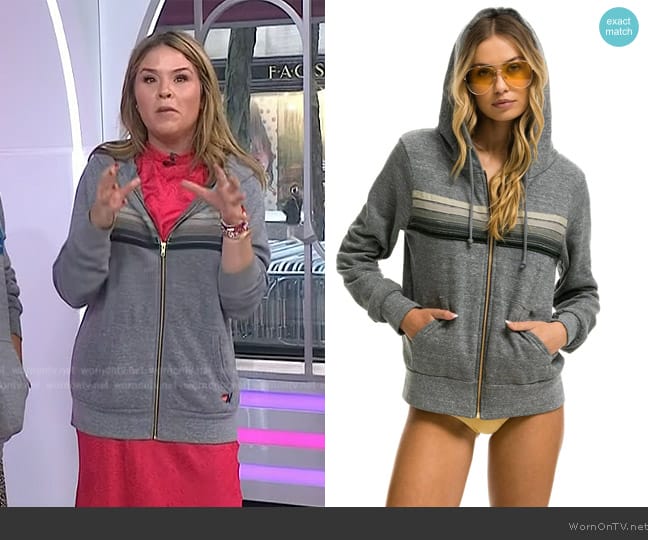 Aviator Nation 5 Stripe Hoodie in heather grey worn by Jenna Bush Hager on Today