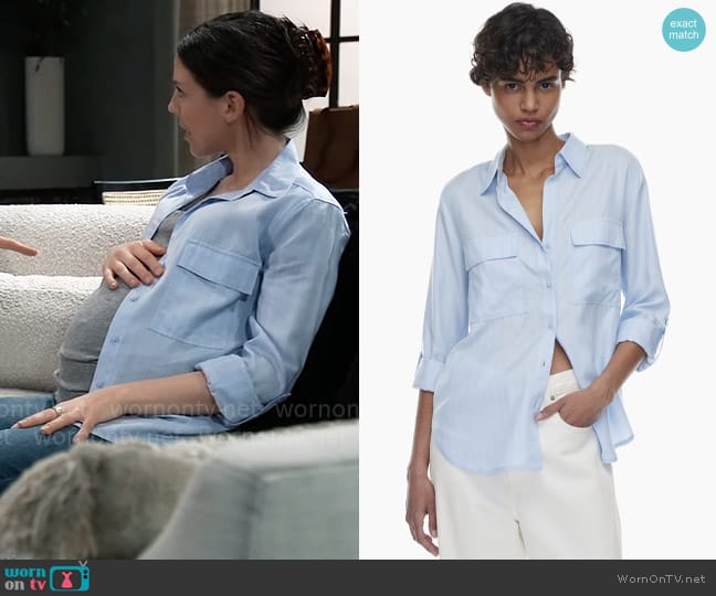 Babaton at Aritzia Utility Shirt in Wd Pnstrp Lt Blue/Wh worn by Kristina Corinthos-Davis (Kate Mansi) on General Hospital