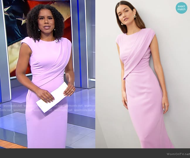 Badgley Mischka Twist Shoulder Drape Midi Dress worn by Adriana Diaz on CBS Evening News