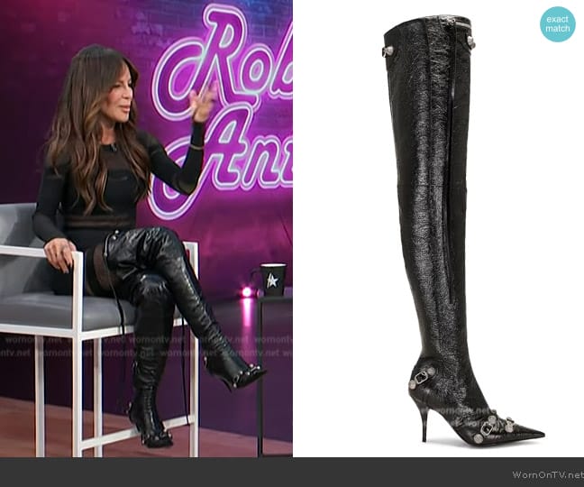 Balenciaga Le Cagole Studded Crinkled-Leather Knee Boots in Black worn by Robin Antin on Access Hollywood