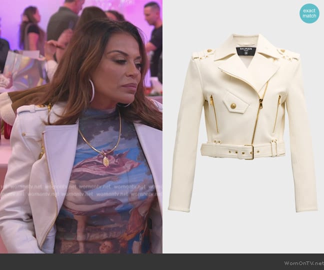 Balmain Cropped Leather Moto Jacket with Belt worn by Dolores Catania on The Real Housewives of New Jersey