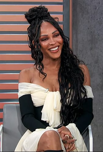 Meagan Good's colorblock off shoulder dress on Access Hollywood