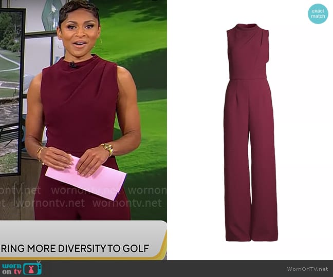 Black Halo Corinne Sleeveless Flared-Leg Jumpsuit in Maroon worn by Jericka Duncan on CBS Mornings