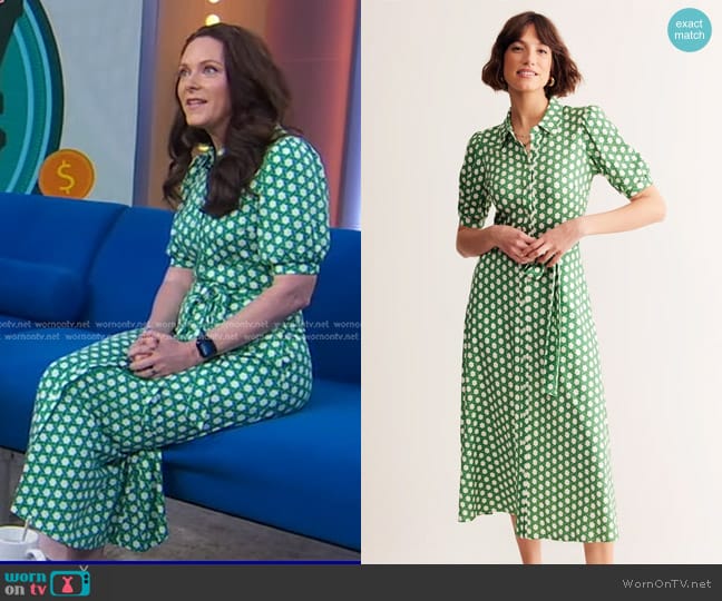 Boden Libby Jersey Midi Shirt Dress Green Honeycomb Geo worn by Carrie Joy Grimes on Good Morning America