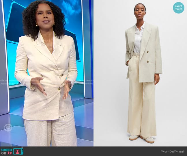 Boss Jarmina Blazer and Tacama Trousers worn by Adriana Diaz on CBS Evening News