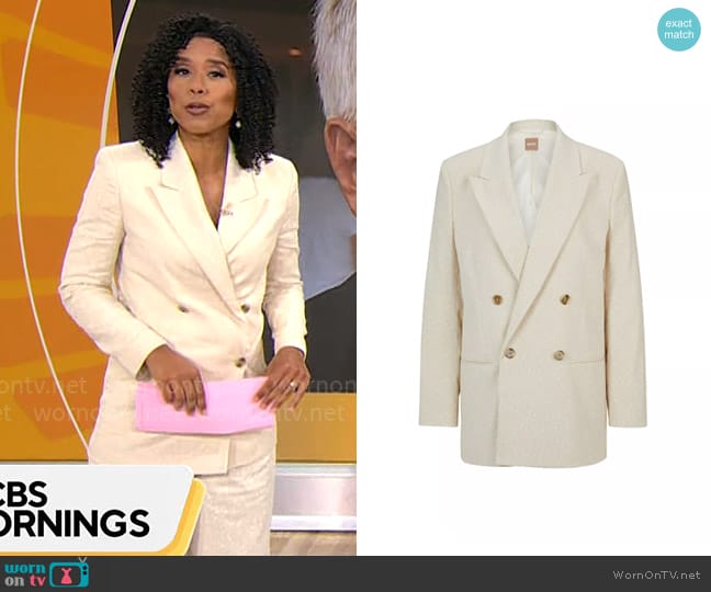 BOSS Longline Relaxed-Fit Jacket in a Slub Cotton Blend worn by Adriana Diaz on CBS Mornings