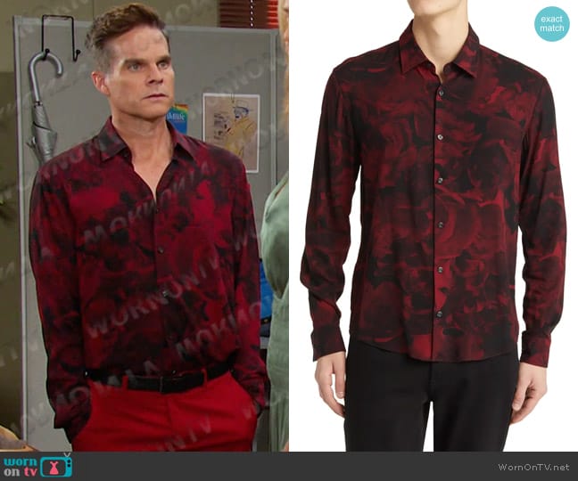 Boss Ermo Floral Button-Up Shirt in Dark Red worn by Leo Stark (Greg Rikaart) on Days of our Lives