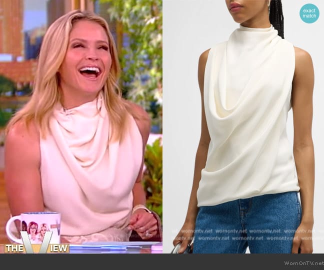 Brandon Maxwell The Lina Draped Silk Top worn by Sara Haines on The View