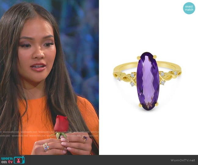 Brevani 14K Yellow Gold Amethyst North 2 South Elongated Oval Ring worn by Jenn Tran on The Bachelorette