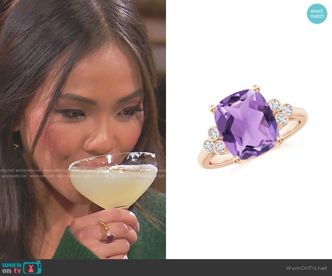 Brevani Cushion Amethyst Ring with Trio Bezel Diamonds worn by Jenn Tran on The Bachelorette