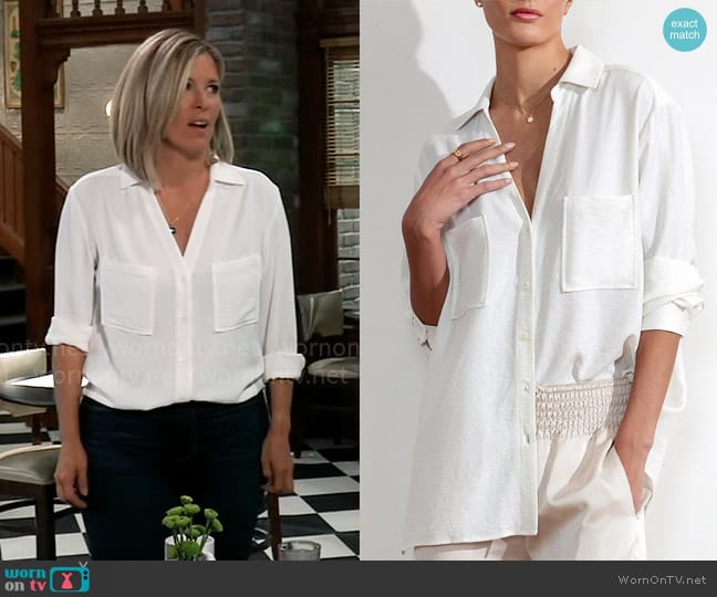 Brochu Walker River Shirt in Sea Salt worn by Carly Spencer (Laura Wright) on General Hospital