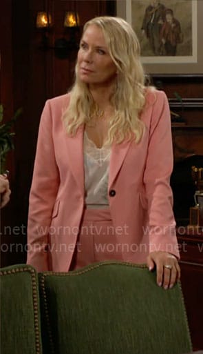 Brooke's coral pink suit and floral lace-trim top on The Bold and the Beautiful