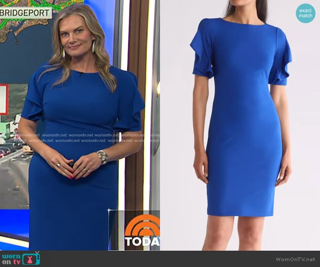 Calvin Klein Ruffle Sleeve Scuba Crepe Sheath Dress in Regatta worn by Emily West on Today