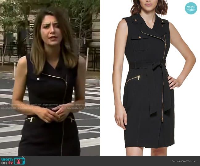 Calvin Klein Scuba Crepe Motto Dress worn by Nicole Sganga on CBS Evening News