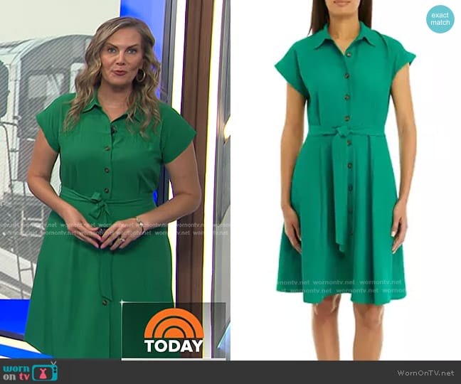 Calvin Klein Collared Solid Gauze Fit and Flare Dress in Meadow worn by Emily West on Today