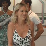 Caroline’s white leopard slip dress on The Real Housewives of Dubai