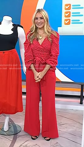 Chassie's red wrap blouse and wide-leg pants on Today