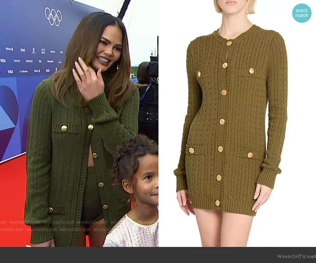 Chloe Cable-Knit Cardigan with Gold-Tone Buttons worn by Chrissy Teigen on E! News