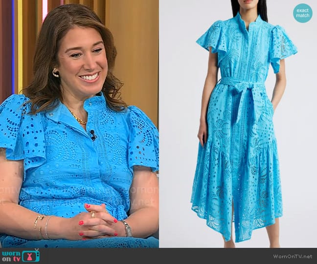 Ciebon Isabella Cotton Eyelet Maxi Shirtdress in Electric Blue worn by Sarah Gelman on CBS Mornings