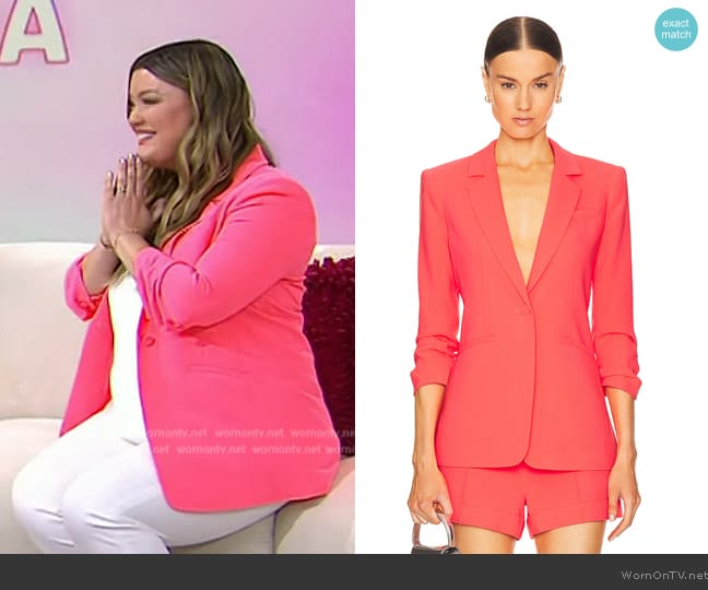 Cinq a Sept Khloe Crepe Ruched Blazer in Neon Coral worn by Jamie Kern Lima on Today